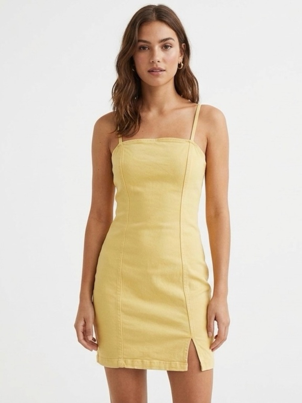 Yellow Denim Cotton Blend Fitted Strappy Mini Dress